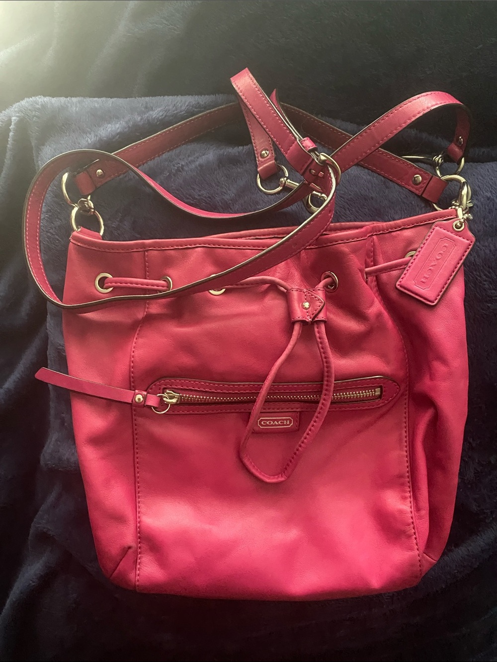 Coach Hot Pink Leather Drawstring Shoulder Bag with Gold Hardware